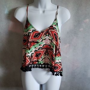 Patterned Tank Top with Black Tassles